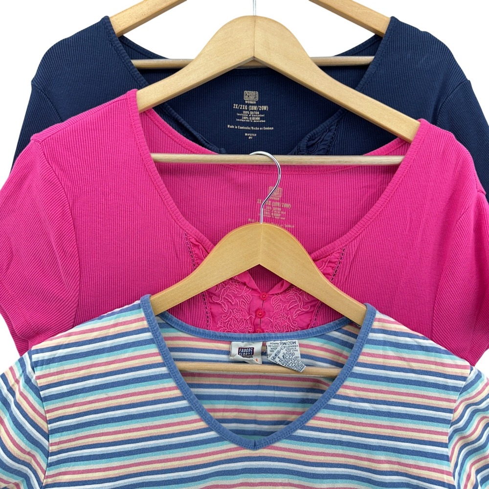 VTG Faded Glory 2X 18W/20W Short Sleeve Top Bundle‎ Navy Pink Striped 3 Pack 90s
